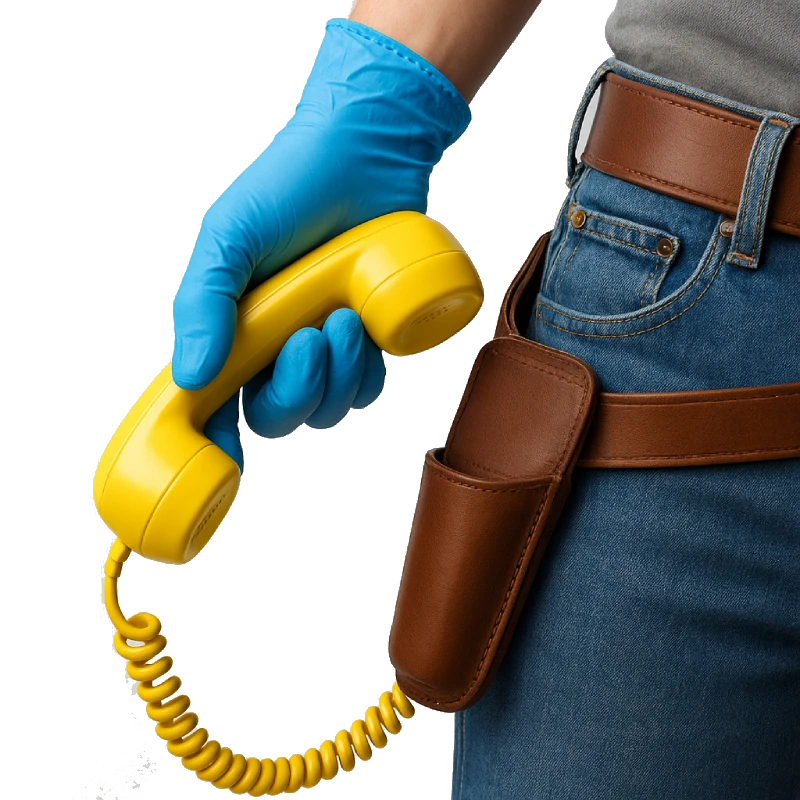 Hombre con camisa azul clara desenfundando rápidamente un teléfono amarillo de una funda de cuero, simbolizando velocidad y respuesta inmediata en atención telefónica profesional.