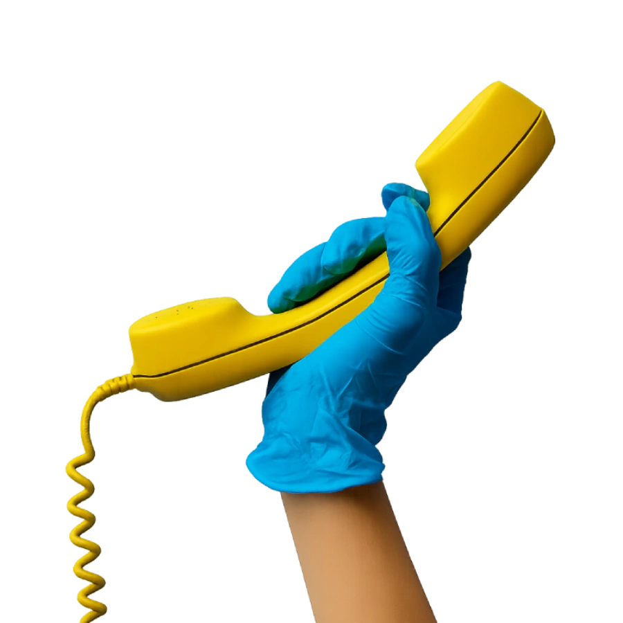 Mano con guante médico azul sosteniendo un teléfono amarillo, representando la atención profesional, ética y especializada en conversión sanitaria para el sector salud.
